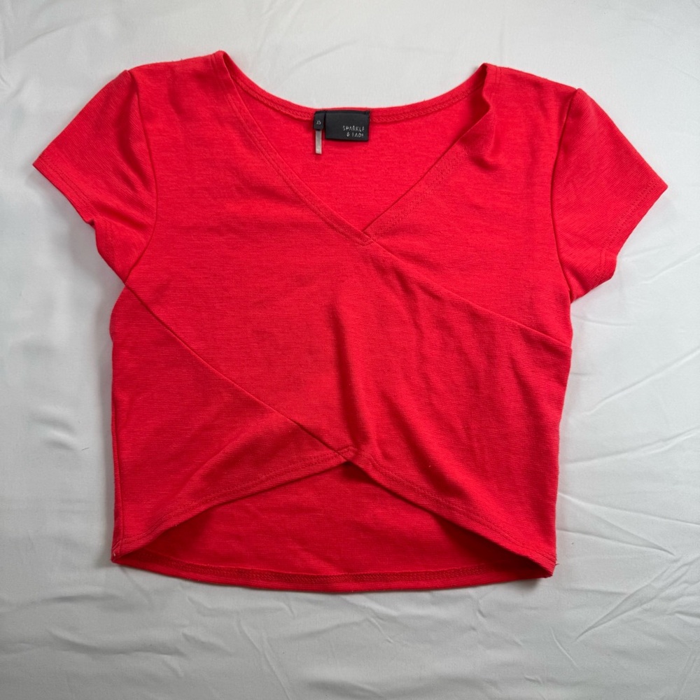 Sparkle & Fade Bright Bright Coral Red Short Sleeve Crop Top